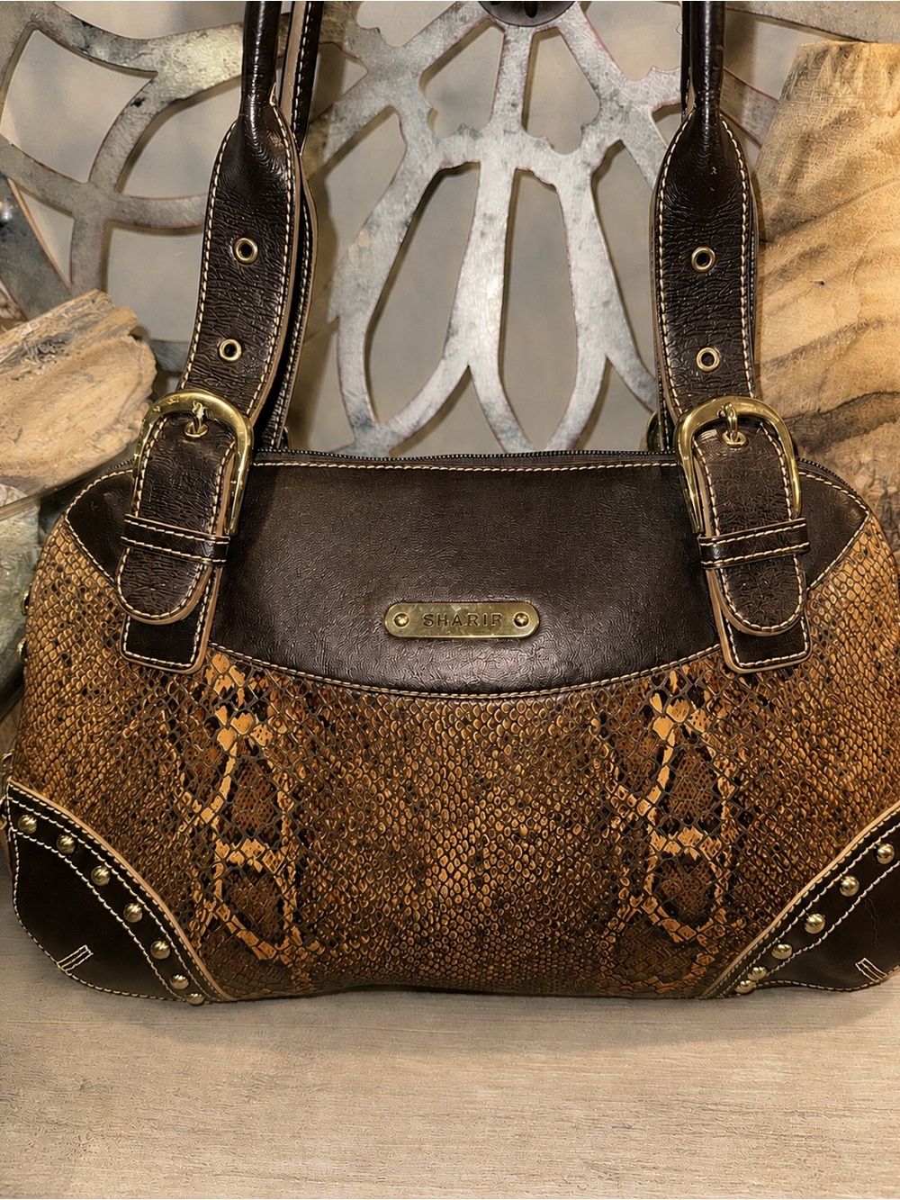 Sharif Y2K Brown Snake-Embossed Shoulder Bag with Gold Hardware